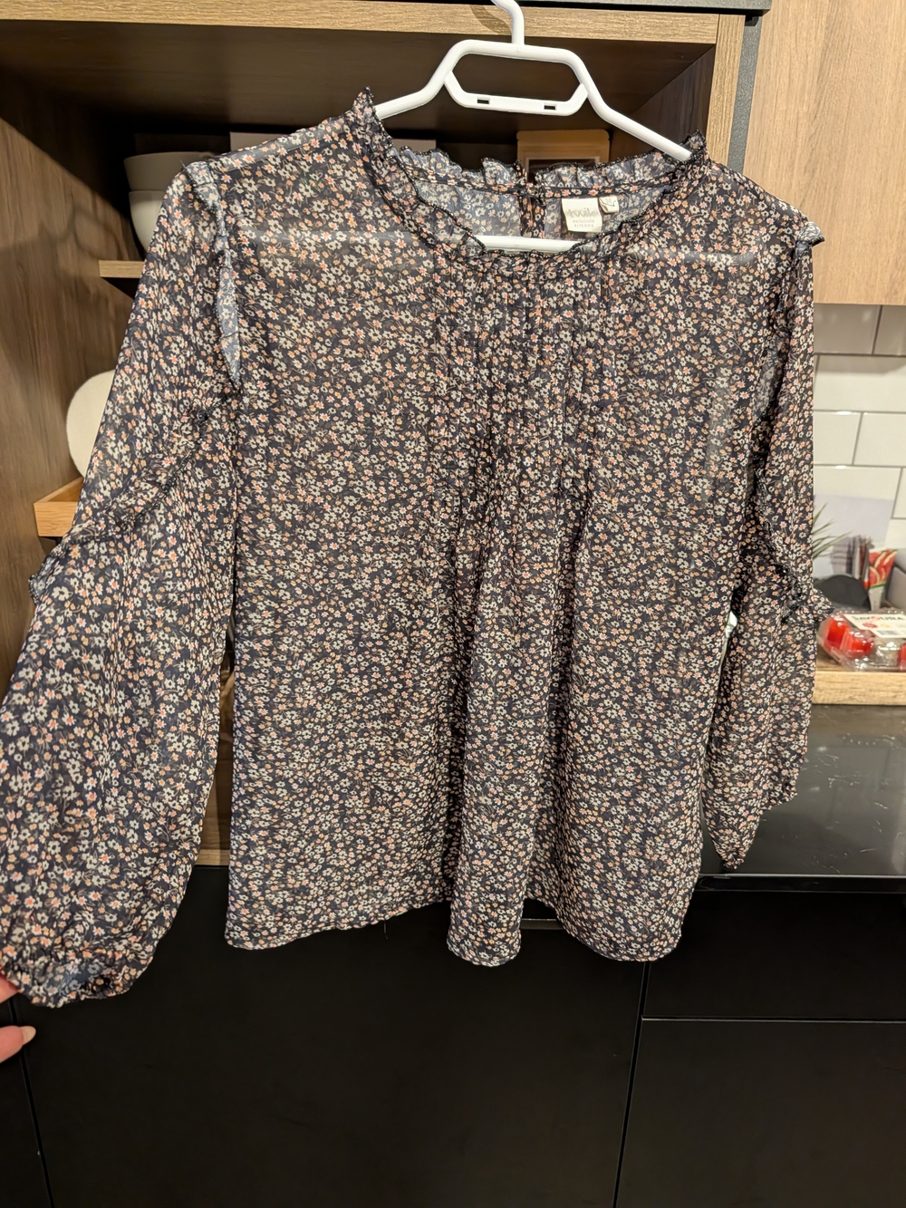 twik Navy Floral Ruffle-Neck Blouse